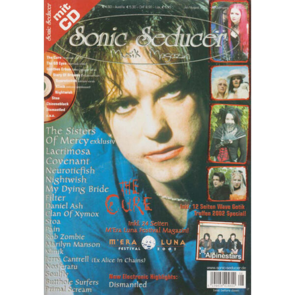 Sonic Seducer 07-08/2002 mit The Cure-Titelstory + 16 Track CD + Wave Gotik Treffen Special, im Mag: The Sisters Of Mercy, Lacrimosa, Covenant, Nightwish, My Dying Bride u.v.m. @ Sonic Seducer