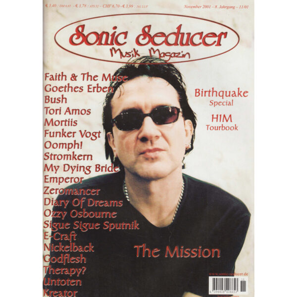 Sonic Seducer 11/2001 mit The Mission-Titelstory, im Mag: Faith & The Muse, Goethes Erben, Bush, Tori Amos, Mortiis, Funker Vogt, Oomph!, HIM, My Dying Bride u.v.m. @ Sonic Seducer